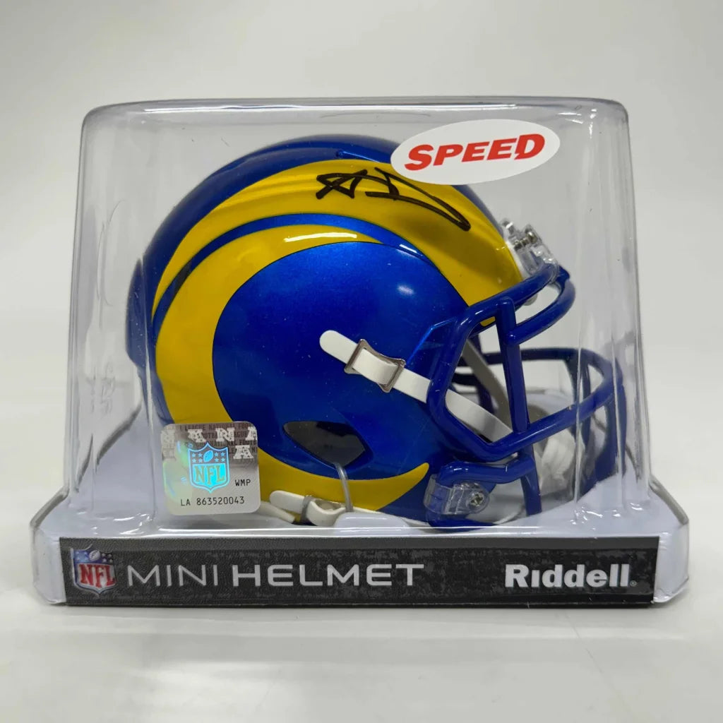Autographed Los Angeles Rams mini football helmet in clear display case for sale