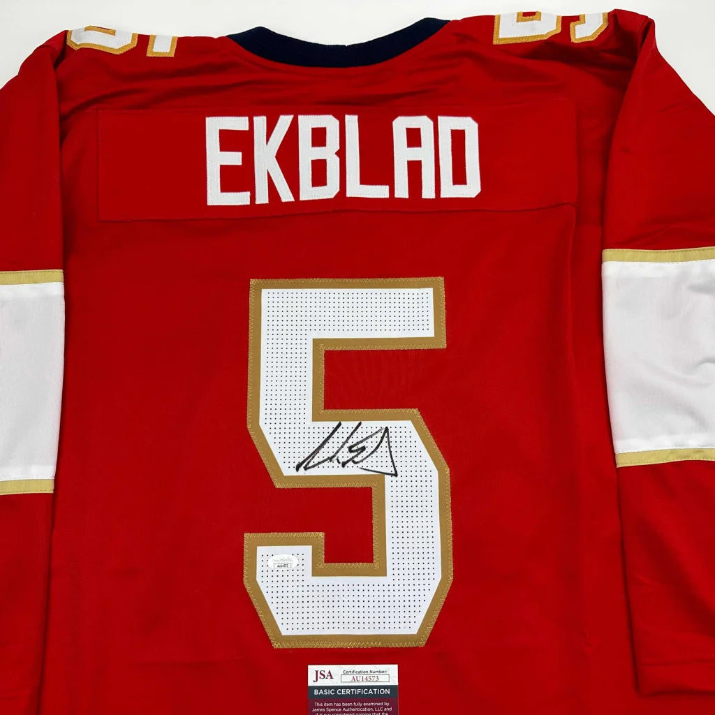 Autographed Aaron Ekblad Florida Red Hockey Jersey JSA COA | Certified Authentic Signed Memorabilia | vintageantiquesgifts.com
