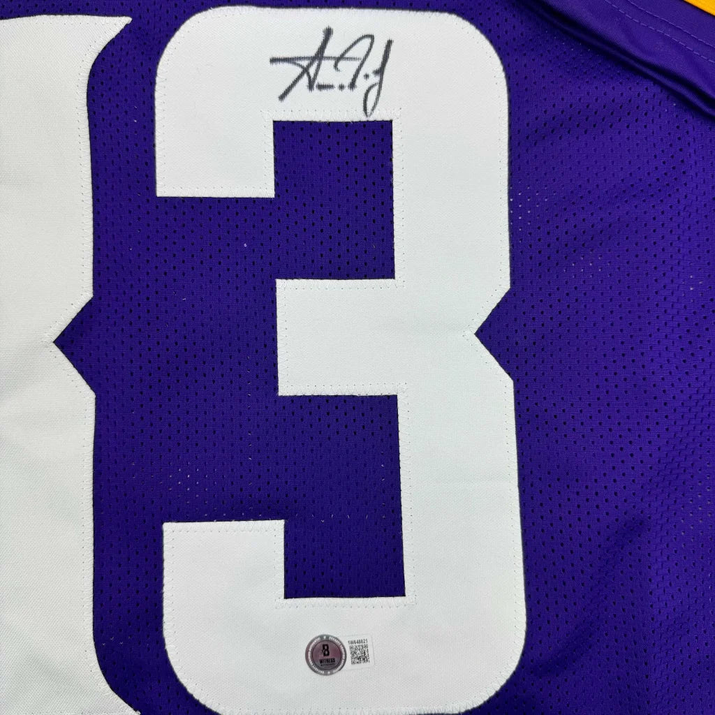 Purple custom sports jersey with white number 3 and autograph for football fans