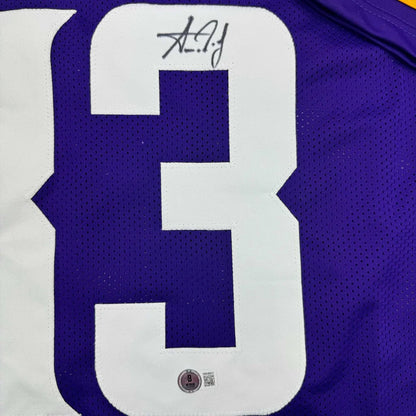 Purple custom sports jersey with white number 3 and autograph for football fans