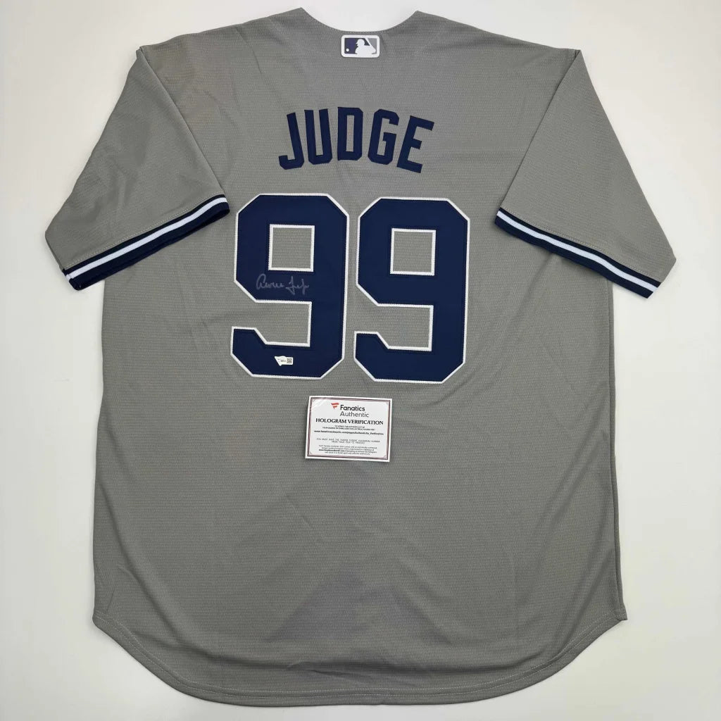 Autographed/Signed Aaron Judge New York Yankees Authentic Majestic Grey Baseball Jersey Fanatics COA