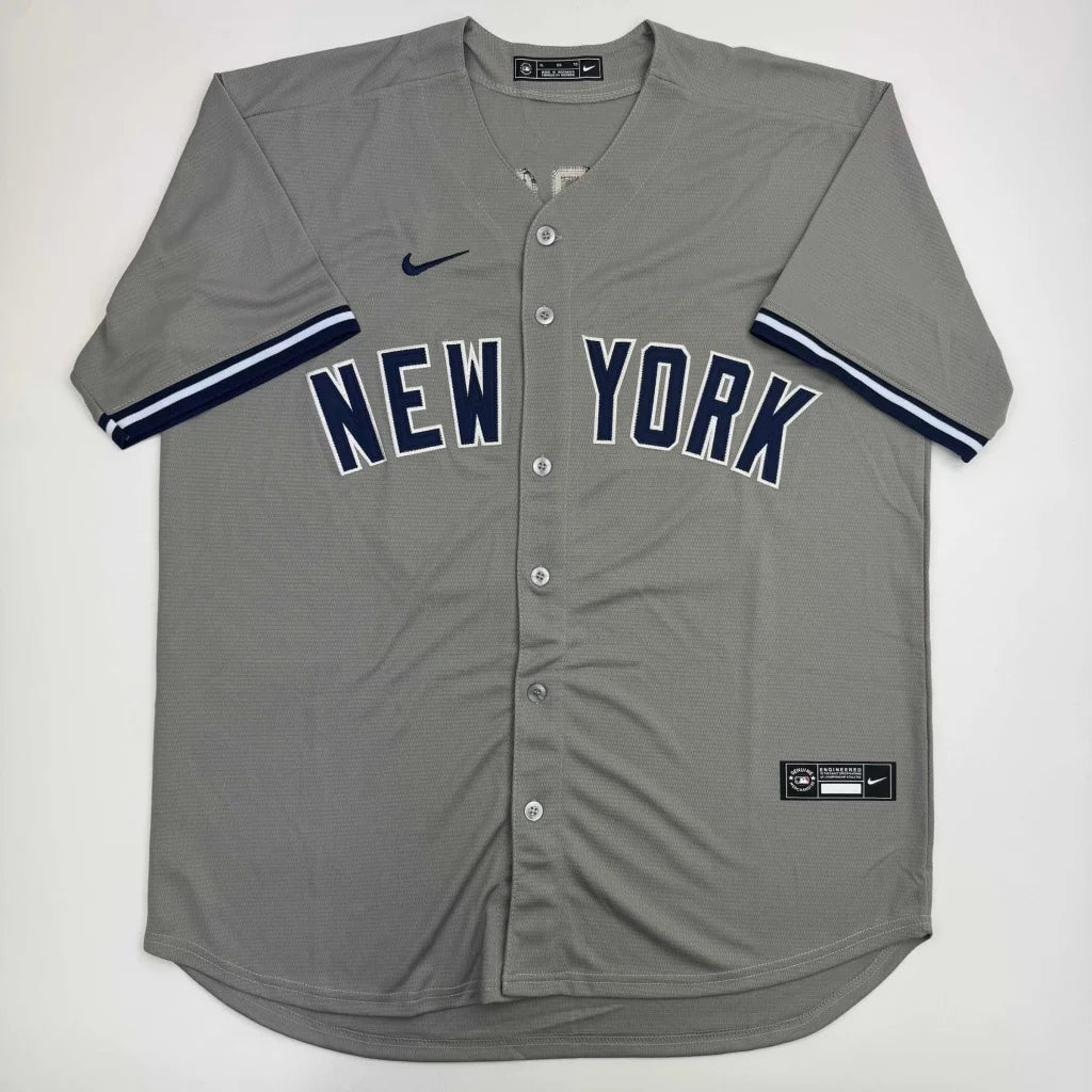 Autographed/Signed Aaron Judge New York Yankees Authentic Majestic Grey Baseball Jersey Fanatics COA