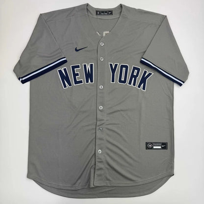 Autographed/Signed Aaron Judge New York Yankees Authentic Majestic Grey Baseball Jersey Fanatics COA