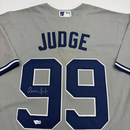 Autographed/Signed Aaron Judge New York Yankees Authentic Majestic Grey Baseball Jersey Fanatics COA