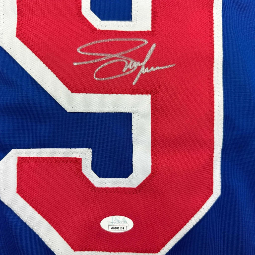 Blue Adam Graves custom jersey with red and white number 9 and Beckett BAS COA autograph