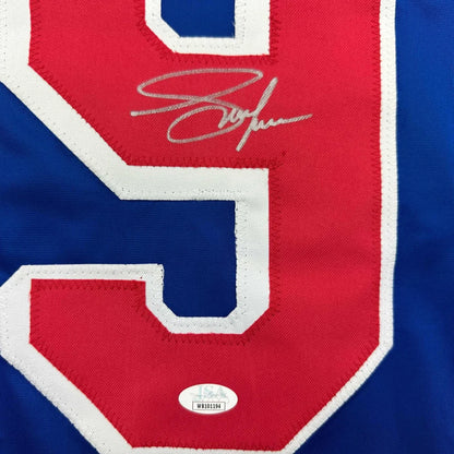 Blue Adam Graves custom jersey with red and white number 9 and Beckett BAS COA autograph