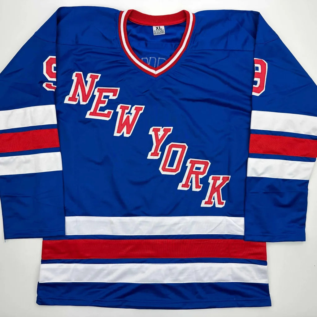 Blue Adam Graves custom jersey with red white stripes and Beckett BAS COA autograph