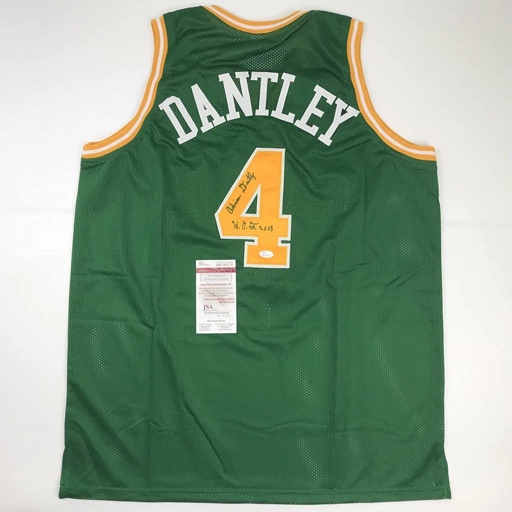 Autographed Utah Jazz green custom basketball jersey front view signed by Adrian Dantley JSA COA