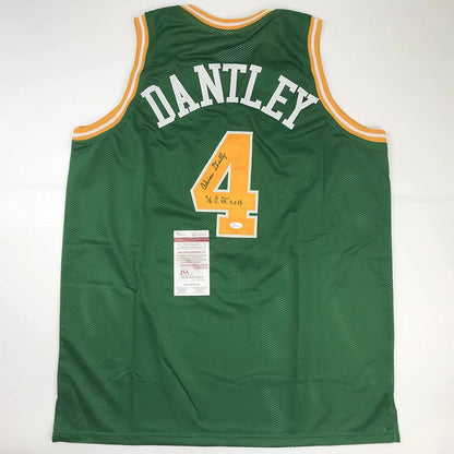 Adrian Dantley autographed green custom basketball jersey front close-up with yellow number 4 and JSA authentication