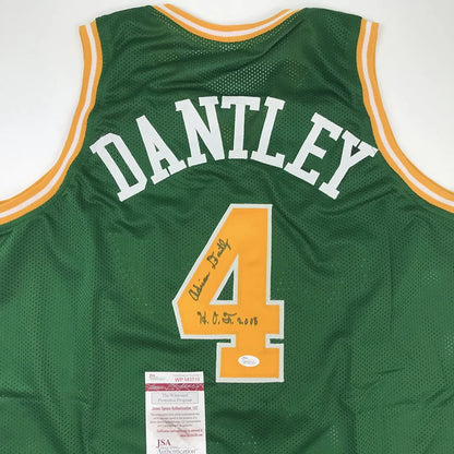Back panel of autographed Utah Jazz green custom basketball jersey signed by Adrian Dantley JSA authenticated