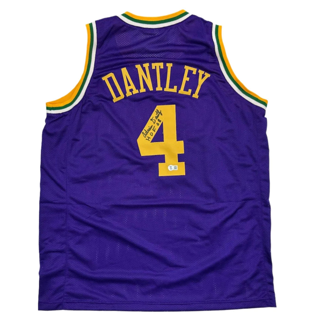 Purple and gold Adrian Dantley signed custom jersey from professional sports league