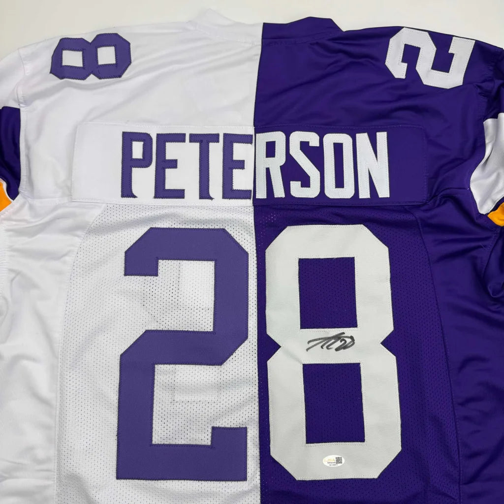 Autographed Adrian Peterson Minnesota Split Football Jersey JSA COA | Certified Authentic Signed Memorabilia | vintageantiquesgifts.com