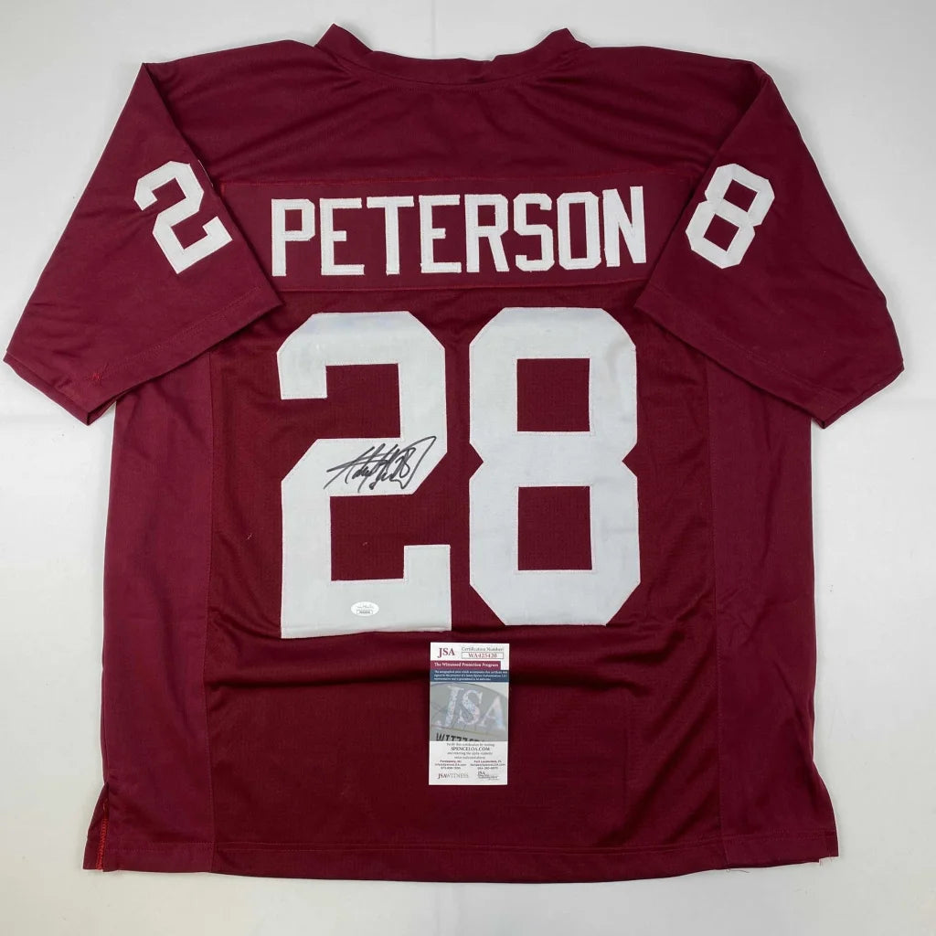 Autographed Adrian Peterson Oklahoma maroon custom jersey with Peterson 28 signature