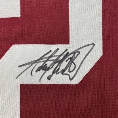 Autographed Adrian Peterson custom jersey on maroon Oklahoma football patch