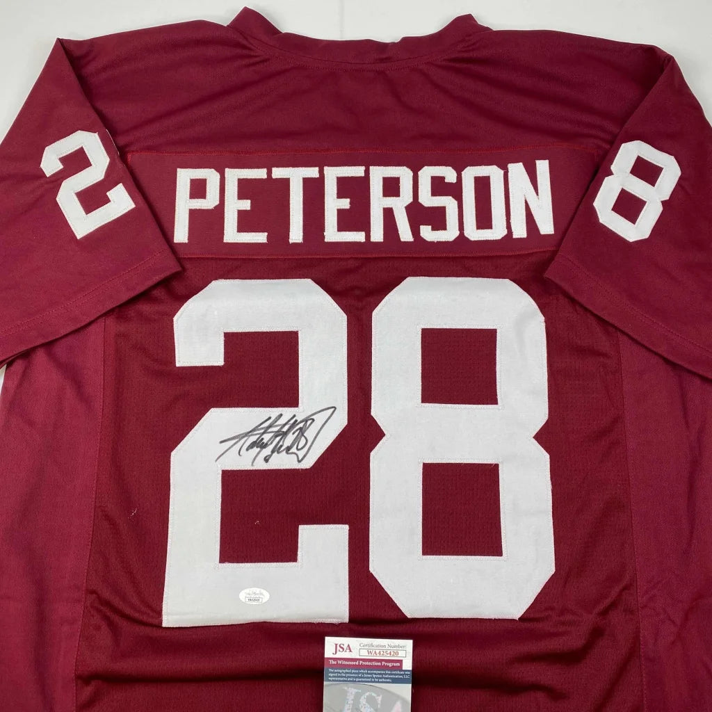 Autographed Adrian Peterson maroon Oklahoma custom jersey, Peterson 28, JSA COA