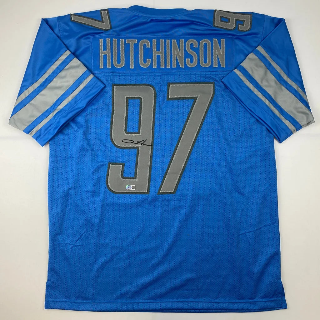 Autographed Aidan Hutchinson Detroit Lions blue custom jersey, number 97