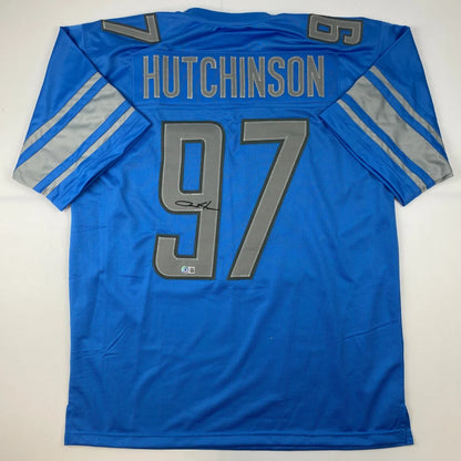 Autographed Aidan Hutchinson Detroit Lions blue custom jersey, number 97