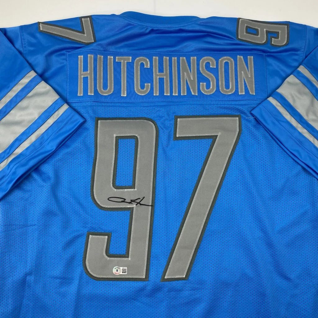 Autographed Aidan Hutchinson Detroit Lions blue custom jersey, number 97