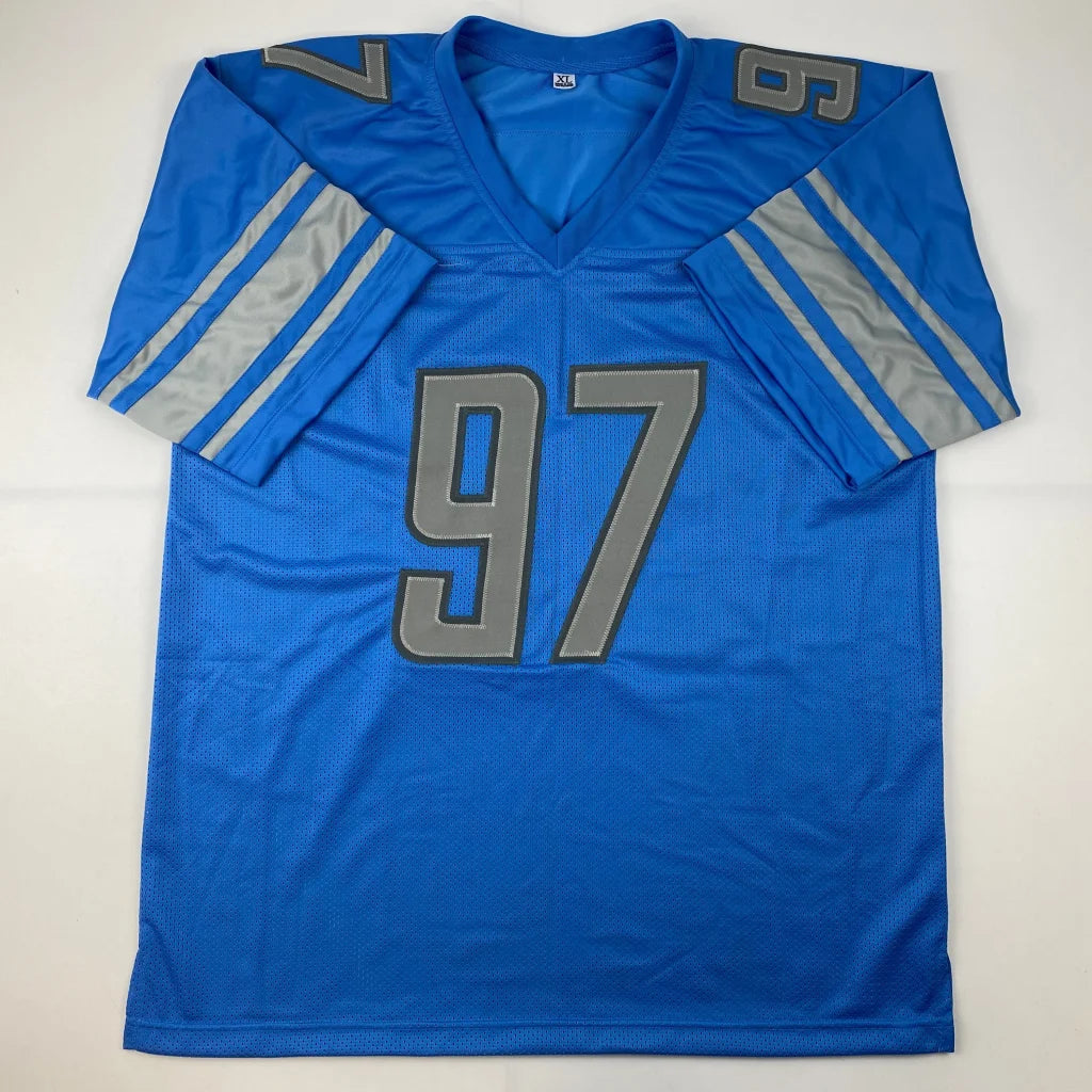 Autographed Aidan Hutchinson Detroit blue custom jersey with gray 97, mesh fabric, professional sports league