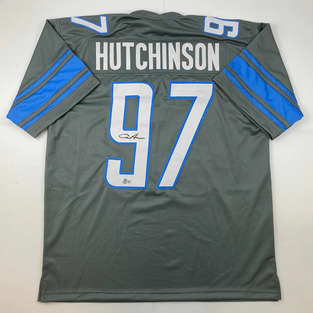 Autographed Aidan Hutchinson Detroit Grey Football Jersey Beckett BAS COA | Hall of Fame Sports Memorabilia | vintageantiquesgifts.com