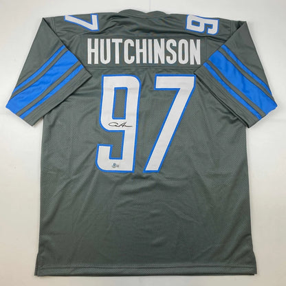 Autographed Aidan Hutchinson Detroit Grey Football Jersey Beckett BAS COA | Hall of Fame Sports Memorabilia | vintageantiquesgifts.com