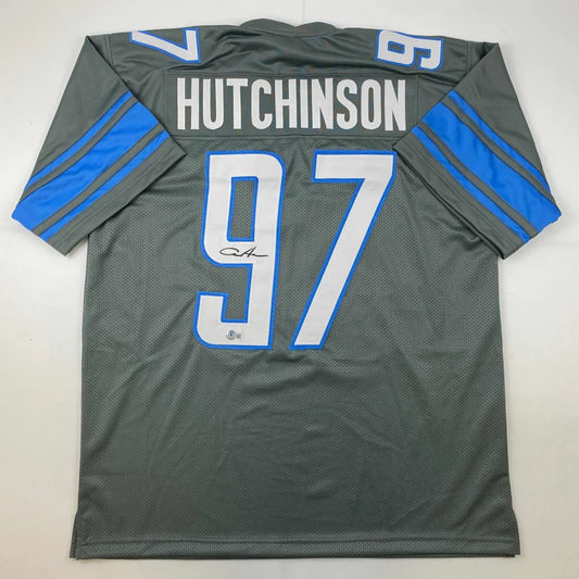 Autographed Aidan Hutchinson Detroit Grey Football Jersey Beckett BAS COA | Hall of Fame Sports Memorabilia | vintageantiquesgifts.com