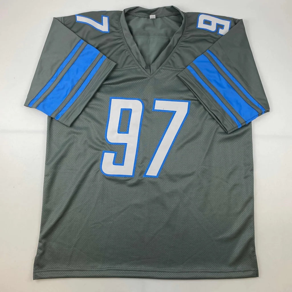 Autographed Aidan Hutchinson Detroit Grey Football Jersey Beckett BAS COA | Authenticated Signed Sports Jersey | vintageantiquesgifts.com