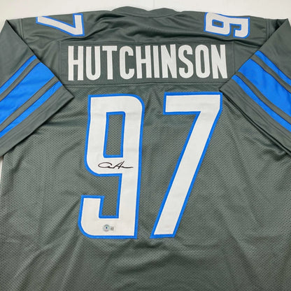 Autographed Aidan Hutchinson Detroit Grey Football Jersey Beckett BAS COA | Certified Authentic Signed Memorabilia | vintageantiquesgifts.com