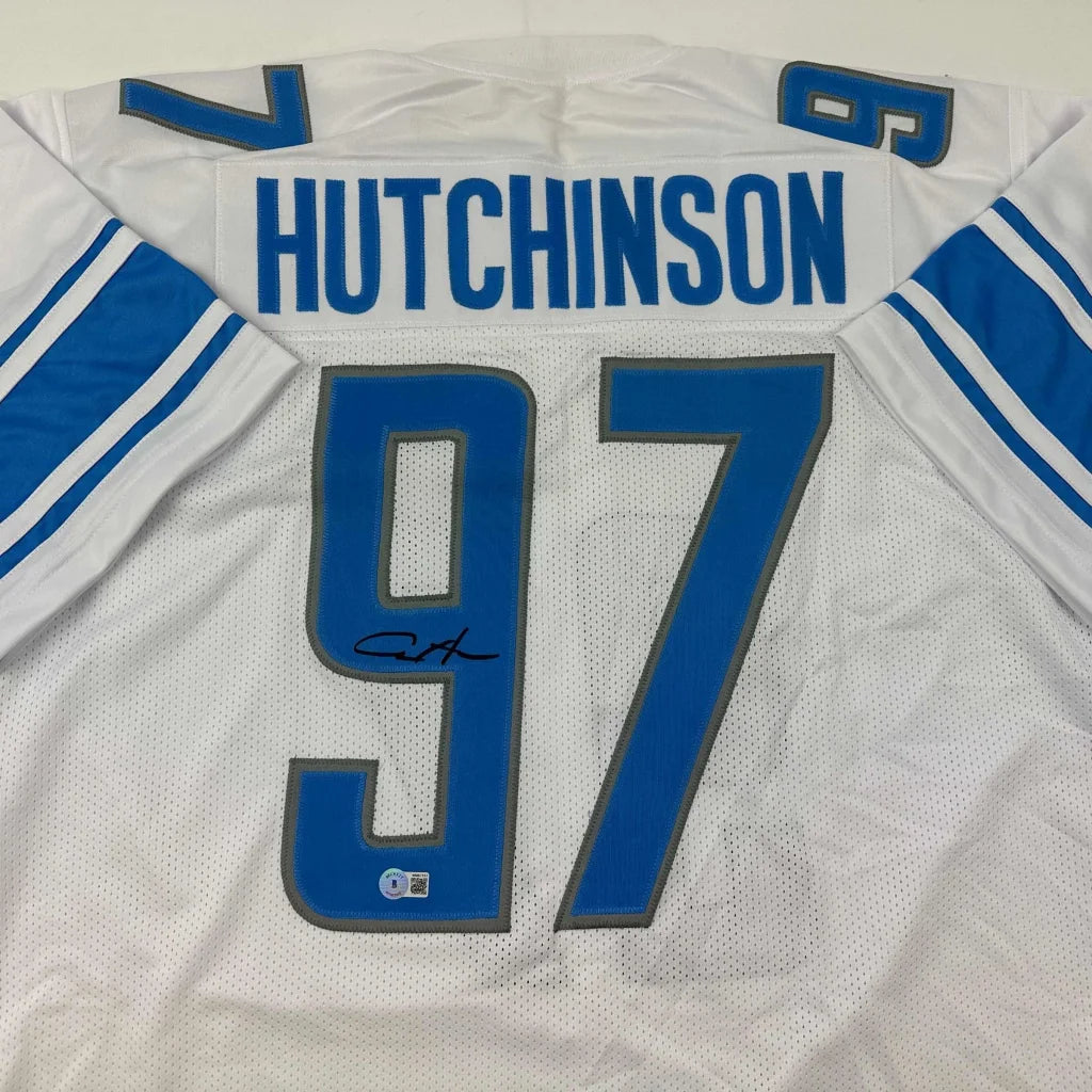 Autographed Aidan Hutchinson Detroit Lions white custom jersey, number 97
