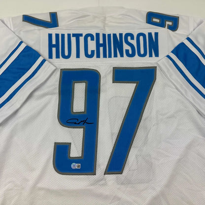 Autographed Aidan Hutchinson Detroit Lions white custom jersey, number 97