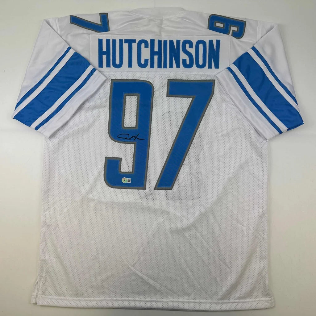 Autographed Aidan Hutchinson Detroit Lions white jersey with 97