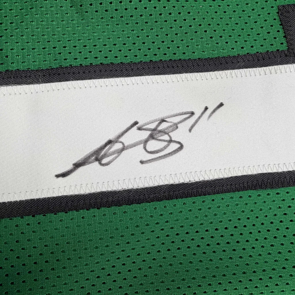 Autographed AJ Brown Philadelphia Eagles Kelly Green custom jersey with black ink signature on white label stitched into green mesh fabric, Beckett BAS COA, professional sports league