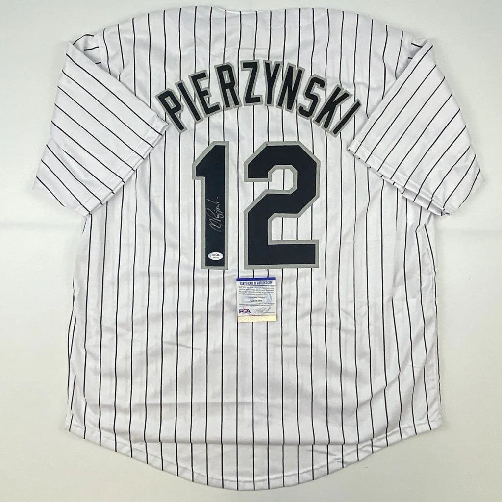 White pinstriped custom jersey with Pierzynski Chicago pinstripe design for professional sports