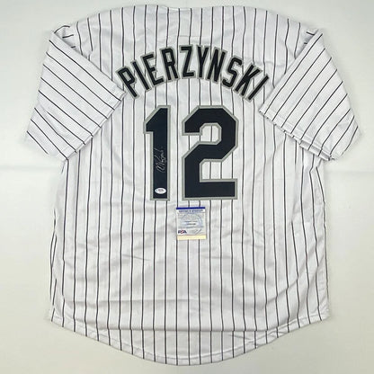 White pinstriped custom jersey with Pierzynski Chicago pinstripe design for professional sports