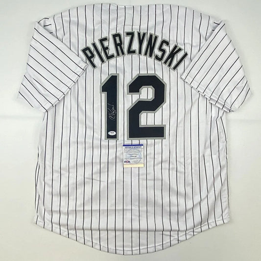 White pinstriped custom jersey with Pierzynski Chicago pinstripe design for professional sports