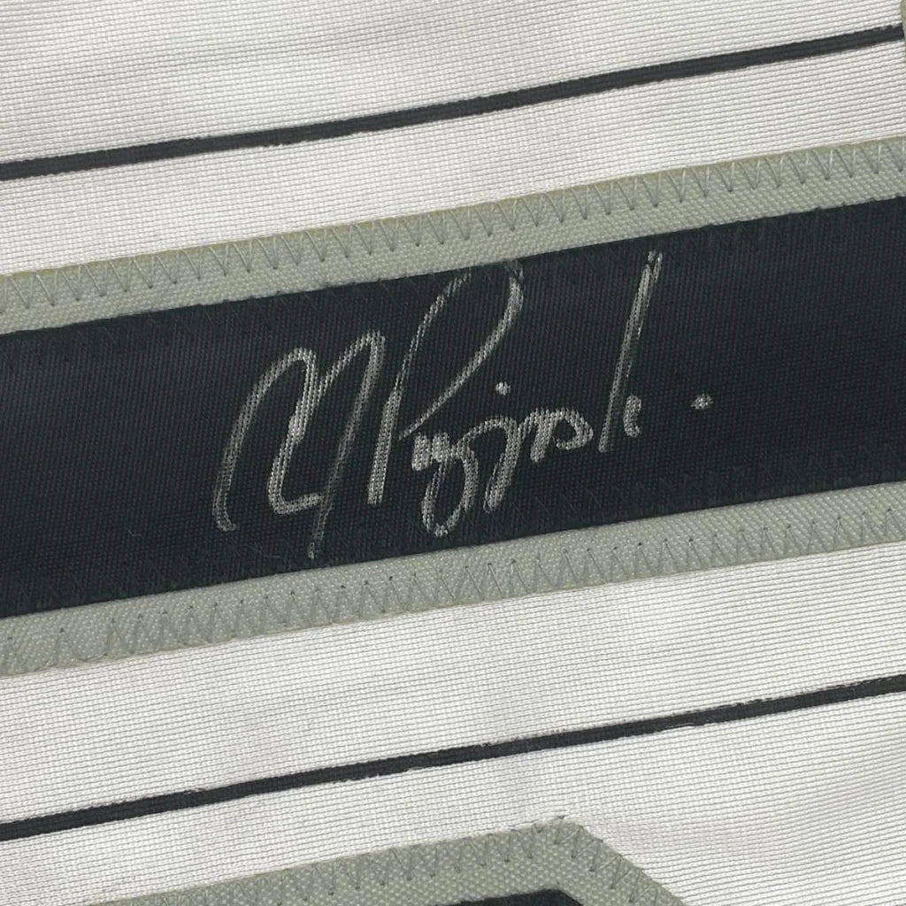 White custom jersey with black pinstripes and Pierzynski Chicago autograph for pro sports fans