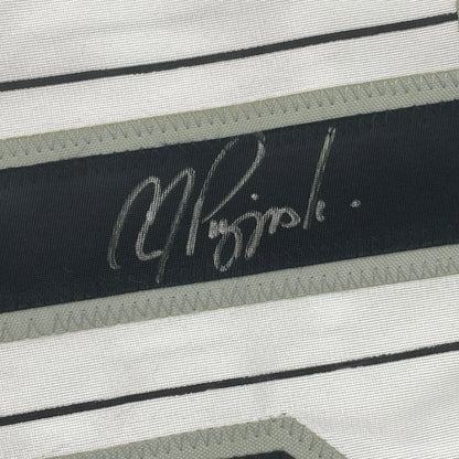 White custom jersey with black pinstripes and Pierzynski Chicago autograph for pro sports fans
