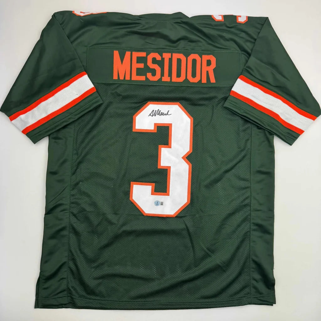 Autographed Akheem Mesidor Miami Green College Football Jersey Beckett BAS COA | Hall of Fame Sports Memorabilia | vintageantiquesgifts.com