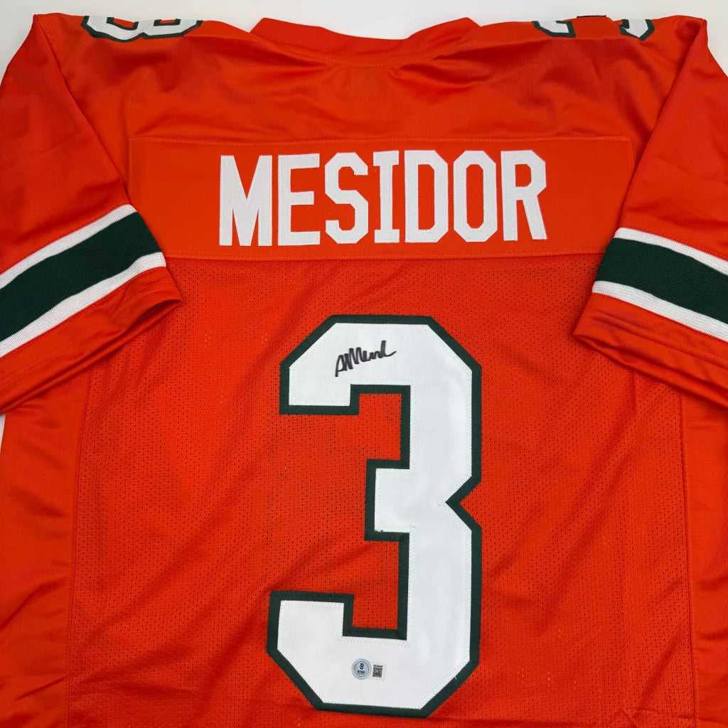 Autographed Akheem Mesidor Miami Orange College Football Jersey Beckett BAS COA | Certified Authentic Signed Memorabilia | vintageantiquesgifts.com