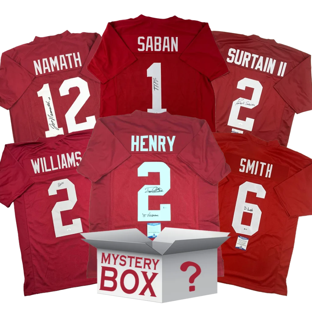 Signed Alabama football jerseys and a mystery box with a red question mark