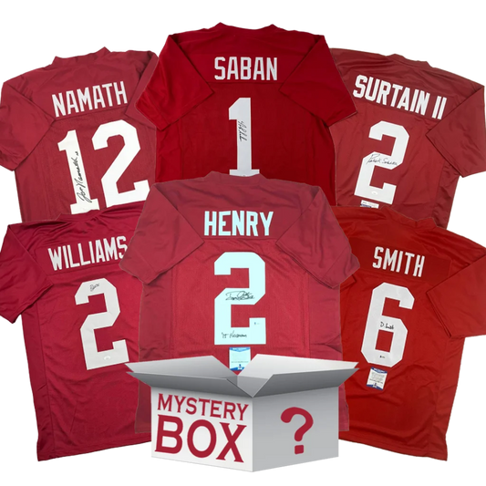 Signed Alabama football jerseys and a mystery box with a red question mark