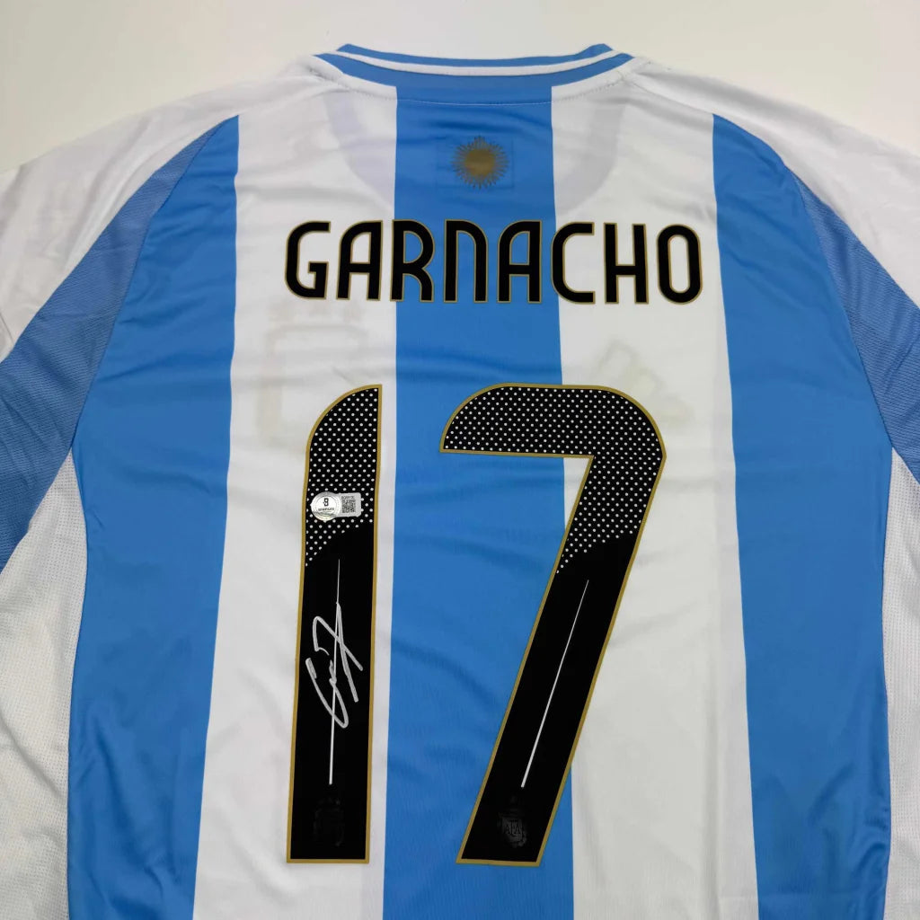 Autographed Alejandro Garnacho Argentina Blue Soccer Futbol Jersey Beckett BAS COA #2 | Certified Authentic Signed Memorabilia | vintageantiquesgifts.com