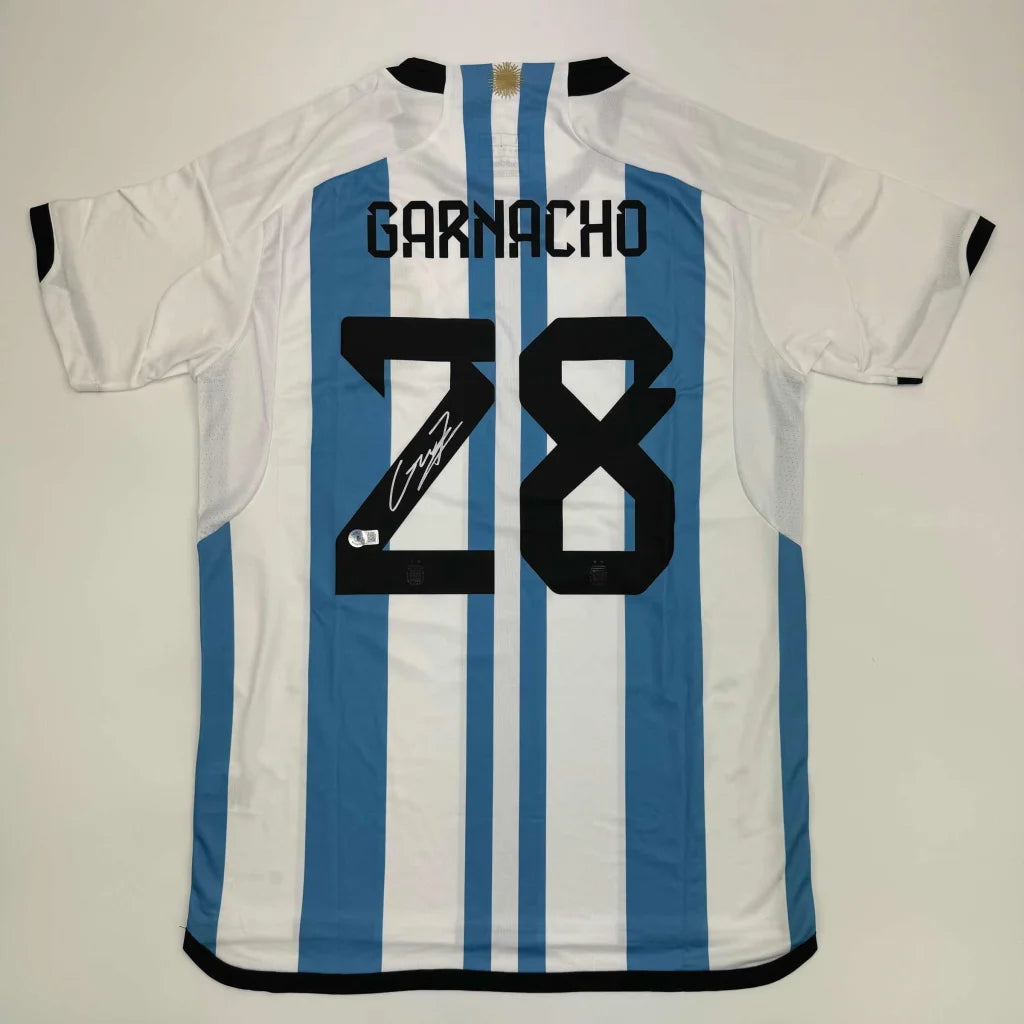 White and light blue striped Garnacho 28 Argentina jersey with third party authentication