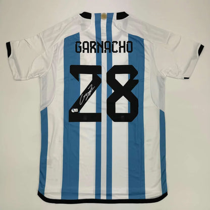 White and light blue striped Garnacho 28 Argentina jersey with third party authentication