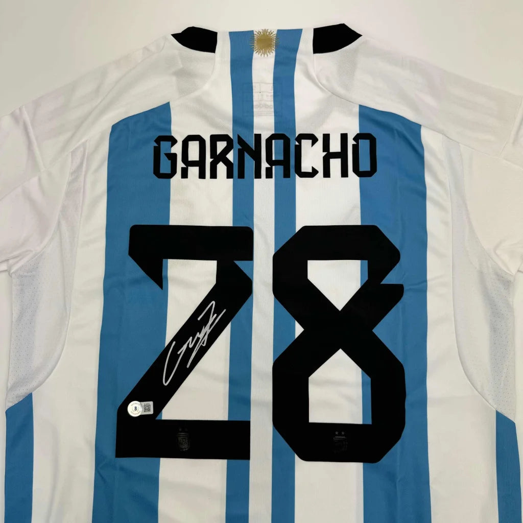 Autographed Alejandro Garnacho Argentina Blue Soccer Futbol Jersey Beckett BAS COA | Certified Authentic Signed Memorabilia | vintageantiquesgifts.com