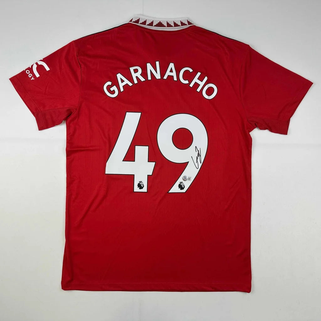 Red Manchester United Garnacho signed soccer jersey with white numbers and name