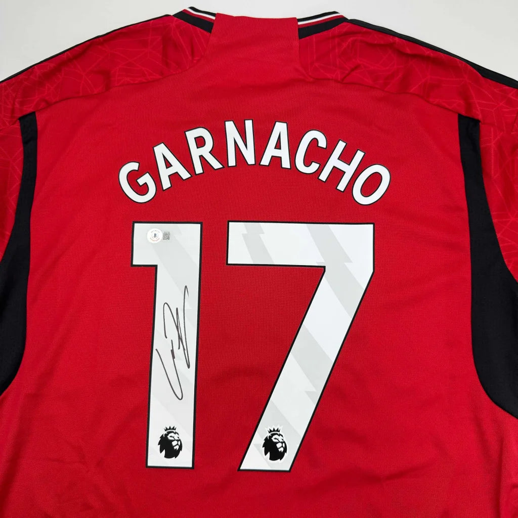Signed GARNACHO 17 Manchester United sports jersey with autograph, perfect for professional sports fans