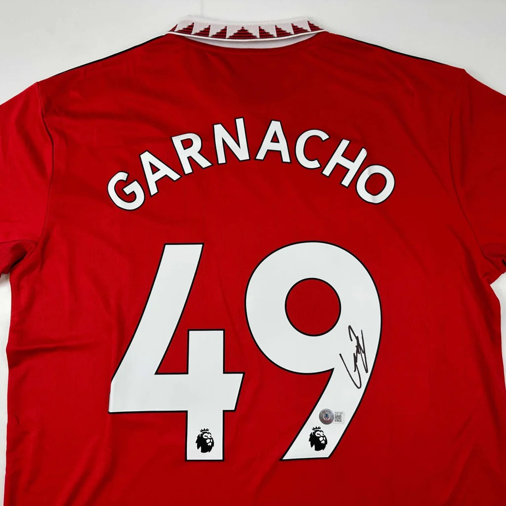 Red Manchester United Garnacho jersey with 49 on the back, ready to ship