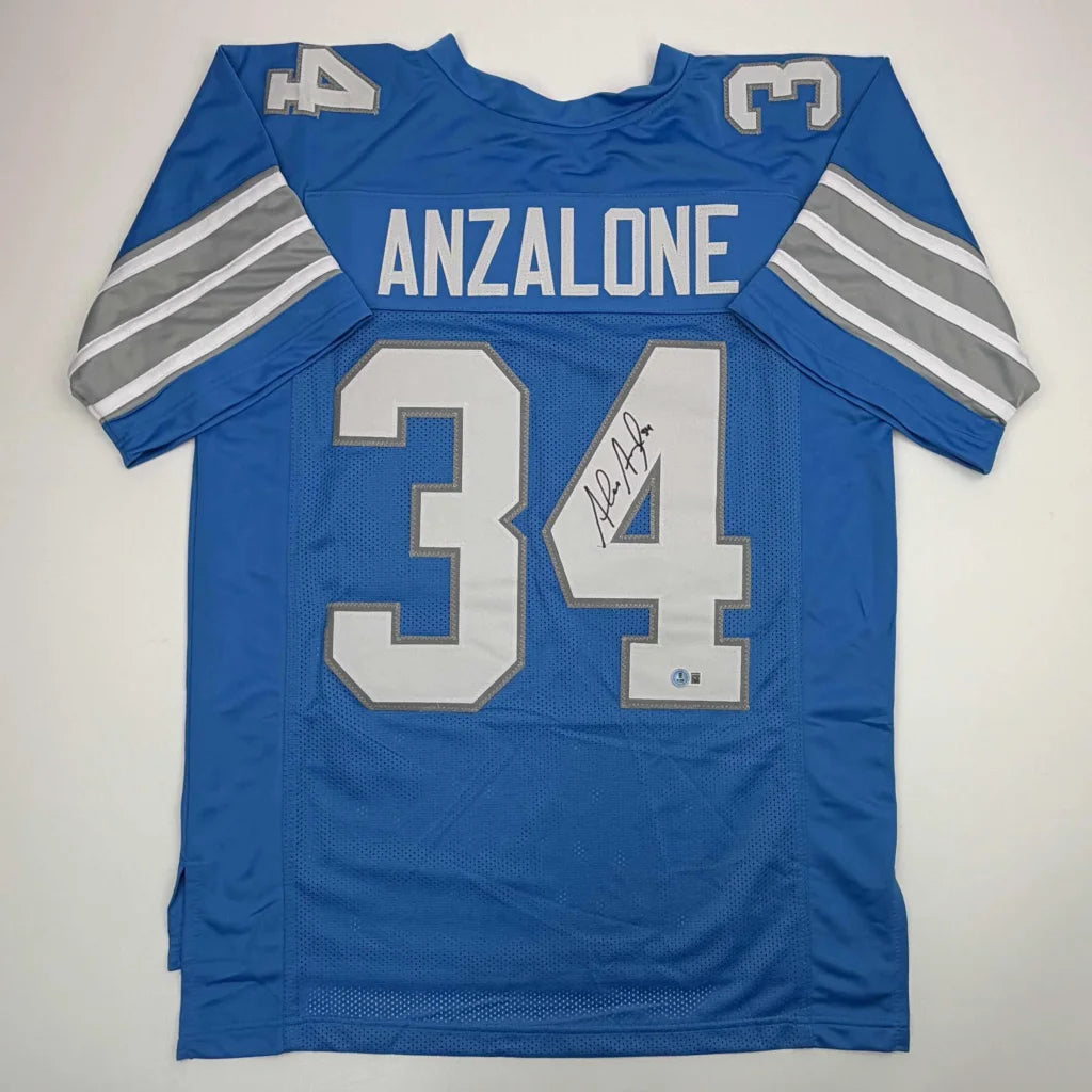 Autographed Alex Anzalone Detroit Blue Football Jersey Beckett BAS COA | Hall of Fame Sports Memorabilia | vintageantiquesgifts.com