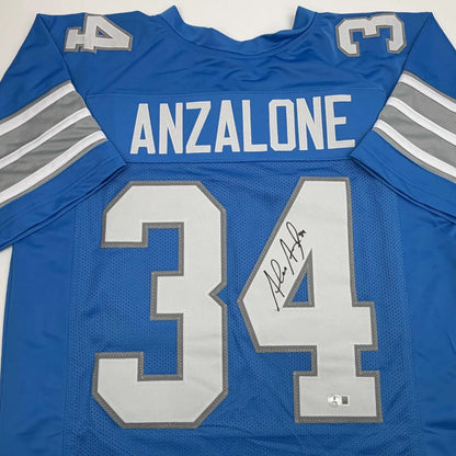 Autographed Alex Anzalone Detroit Blue Football Jersey Beckett BAS COA | Certified Authentic Signed Memorabilia | vintageantiquesgifts.com